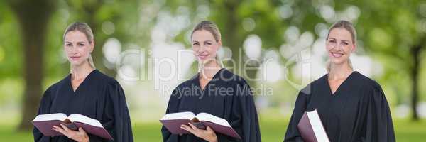 Judge woman holding a book collage against park background