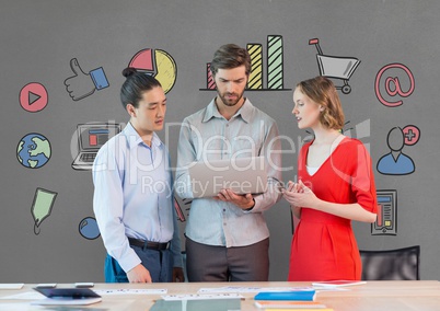 Business people at a desk looking at a tablet against grey background with graphics