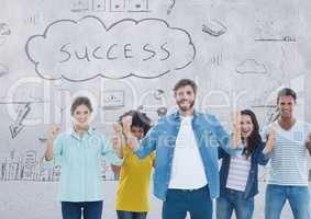 Group of people standing in front of success drawings