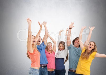 Group of students standing in front of blank grey background