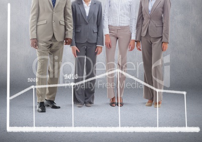 Group of business people standing in front of blank grey background with statistic chart