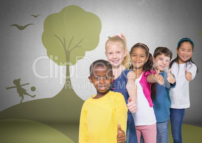 Group of children standing in front of playful nature park graphics