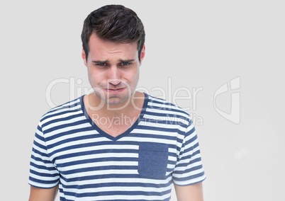 Portrait of Man feeling sick like vomiting with grey background