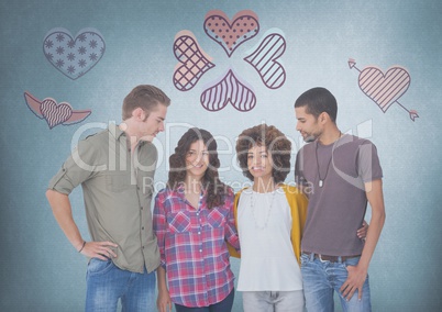 Group of people in couples standing in front of love heart icons