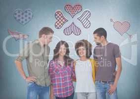 Group of people in couples standing in front of love heart icons