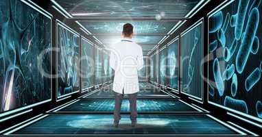 Doctor standing looking down 3D corridor