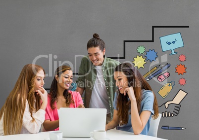 Happy business people at a desk looking at a computer against grey background with graphics Happy business people at a desk looking at a computer against grey background with graphics