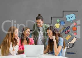 Happy business people at a desk looking at a computer against grey background with graphics