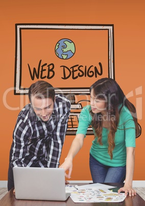 Business people at a desk pointing at a computer against orange background with graphics