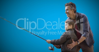 Father and  son fishing against blue background