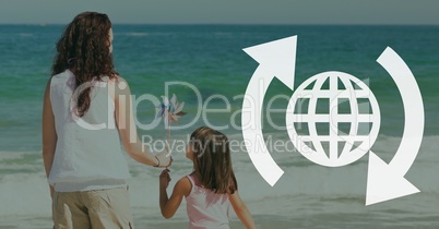World with arrows icon against beach background