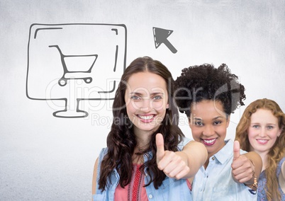 Group of women standing in front of online shopping graphics