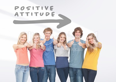 Group of friends standing in front of Positive attitude arrow