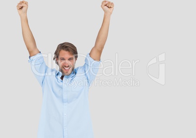 Portrait of Man celebrating with grey background