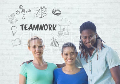 Group of people standing in front of teamwork text