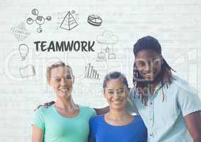 Group of people standing in front of teamwork text