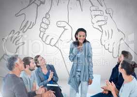 Group of business people sitting in circle meeting in front of hands reaching for each other drawing