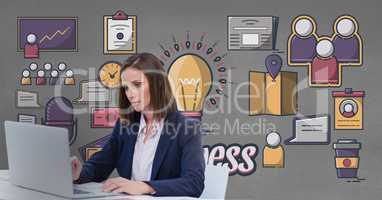 Business woman at a desk using a computer against grey background with graphics