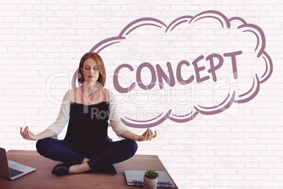 Business woman on a desk meditating against white wall with purple graphic