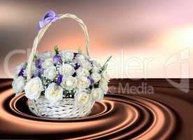 Basket with white roses on an abstract background. Background 3D