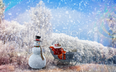 Christmas background: a snowman and trees in frost. 3D illustrat