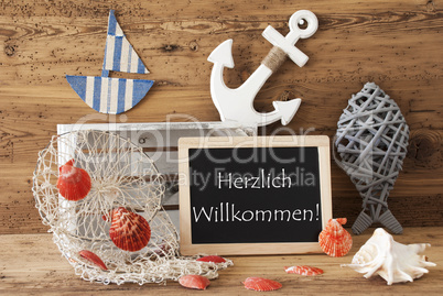 Chalkboard With Summer Decoration, Willkommen Means Welcome