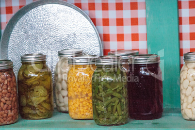 Colorful canned vegetables and fruits