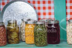 Colorful canned vegetables and fruits