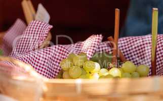 Green grapes fresh off a vine in a basket