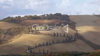 Winding Road with Cypress Trees in Tuscany. Fast Motion