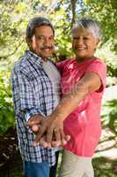 Happy senior couple dancing in garden on a sunny day