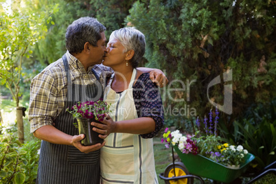 Romantic senior couple kissing each other