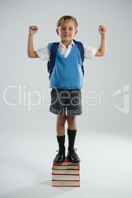 Schoolboy standing on books stack against white background