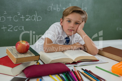 Schoolboy reading book in classroom