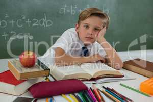 Schoolboy reading book in classroom