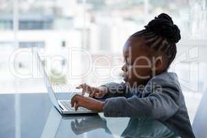 Side view of businesswoman using laptop at table