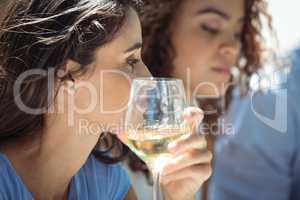 Woman having glass of wine in restaurant