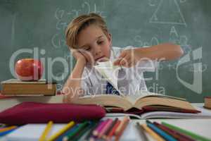 Schoolboy reading book in classroom