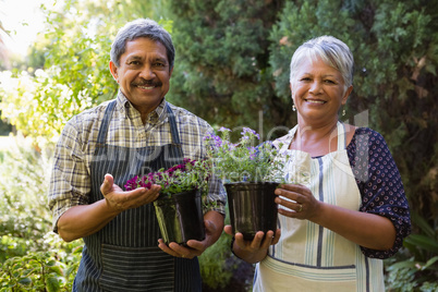 Happy senior couple holding pot plant in garden