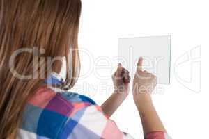 Girl using a glass digital tablet against white background