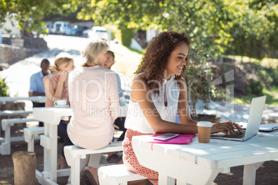 Beautiful woman using laptop in restaurant