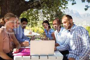 Friends using laptop in restaurant