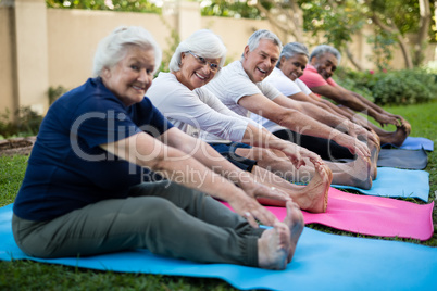 Happy senior people doing stretching exercises at park