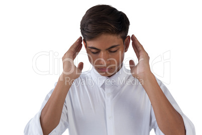 Boy gesturing against white background