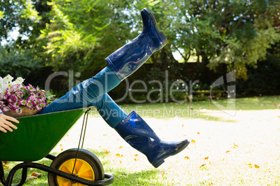 Woman sitting in wheelbarrow at garden