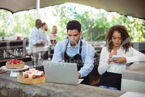 Male waiter and female waitress with laptop