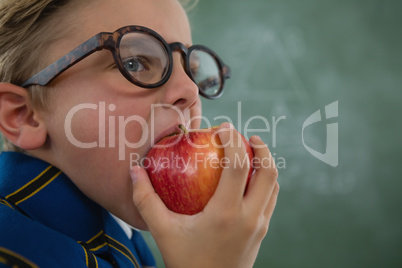 Schoolboy eating red apple against chalkboard