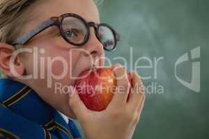 Schoolboy eating red apple against chalkboard
