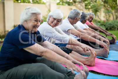 Cheerful senior woman with friends doing stretching exercise