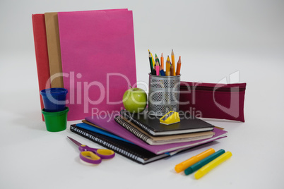 School supplies arranged on white background